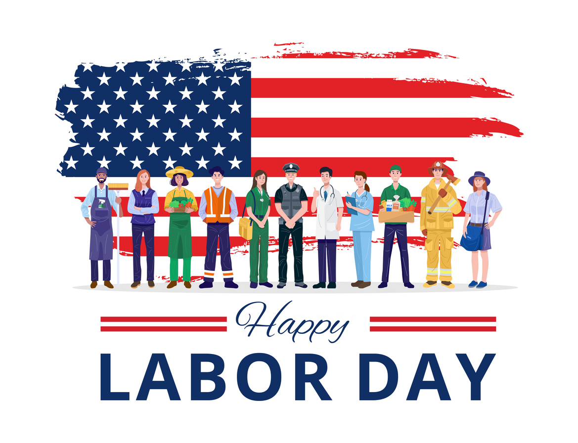 Happy Labor Day. Various occupations people standing with American flag